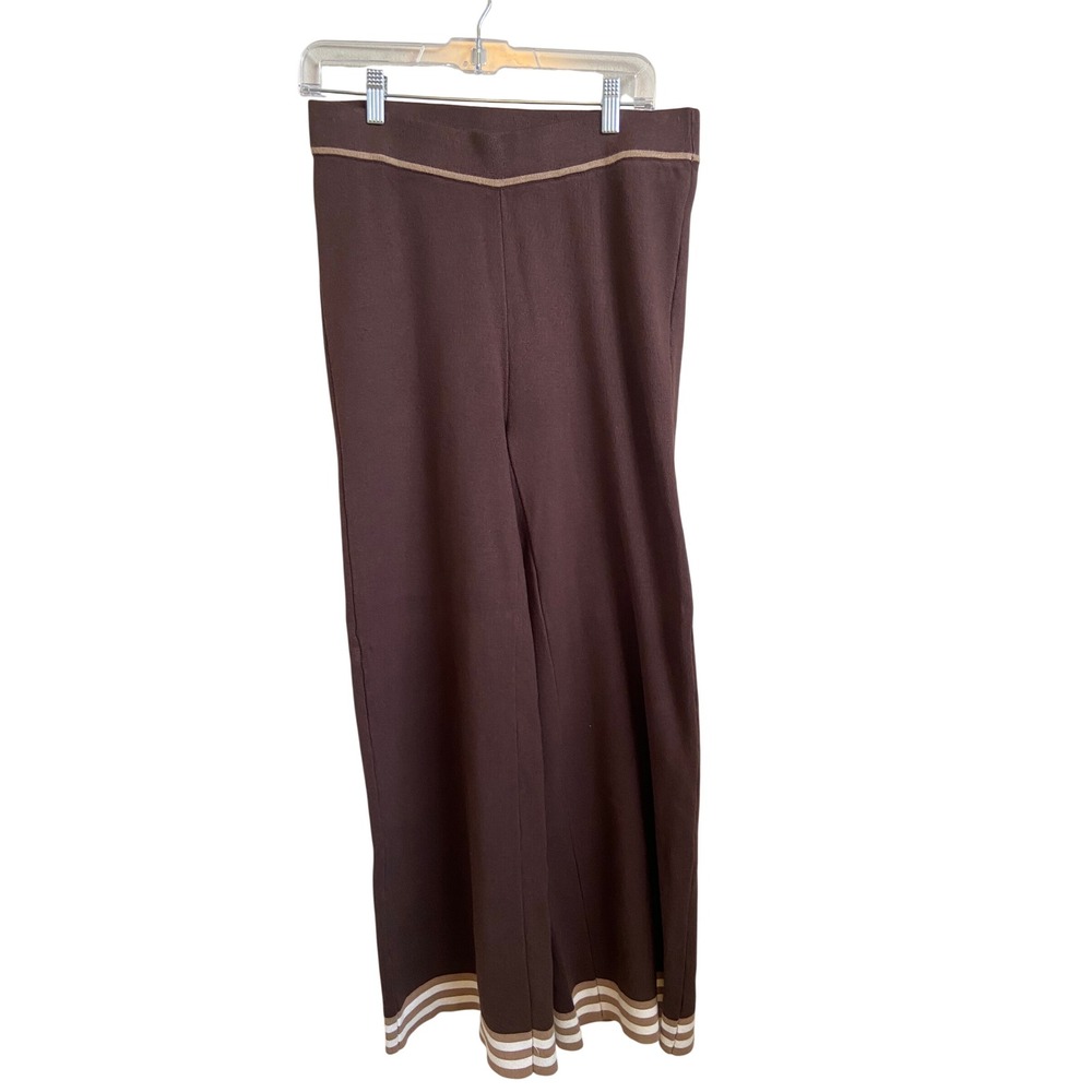 Caroline Constas Brown Knit Wide Leg Striped Trim Pants Size Medium